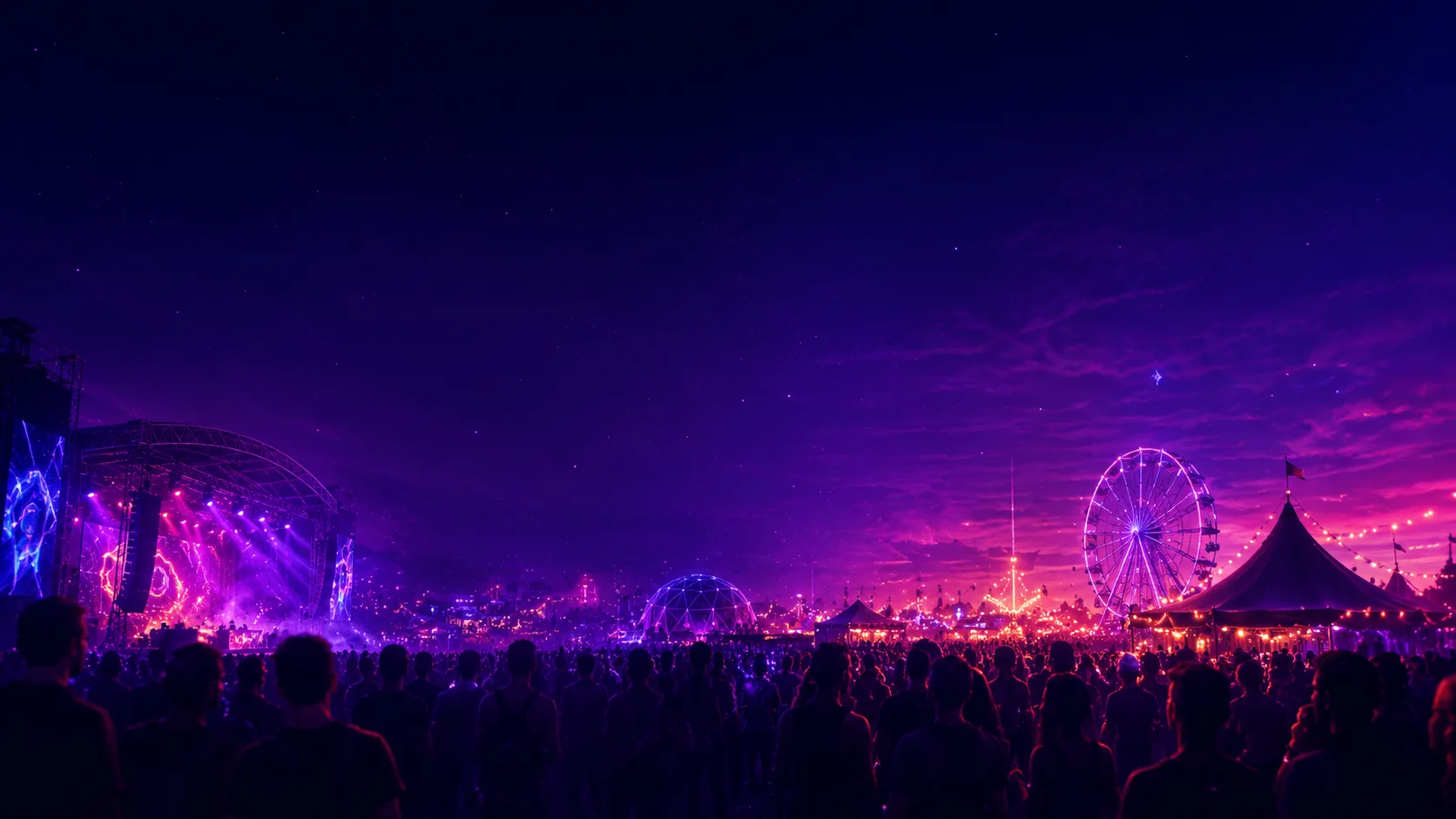 Nighttime event crowd with neon festival lighting